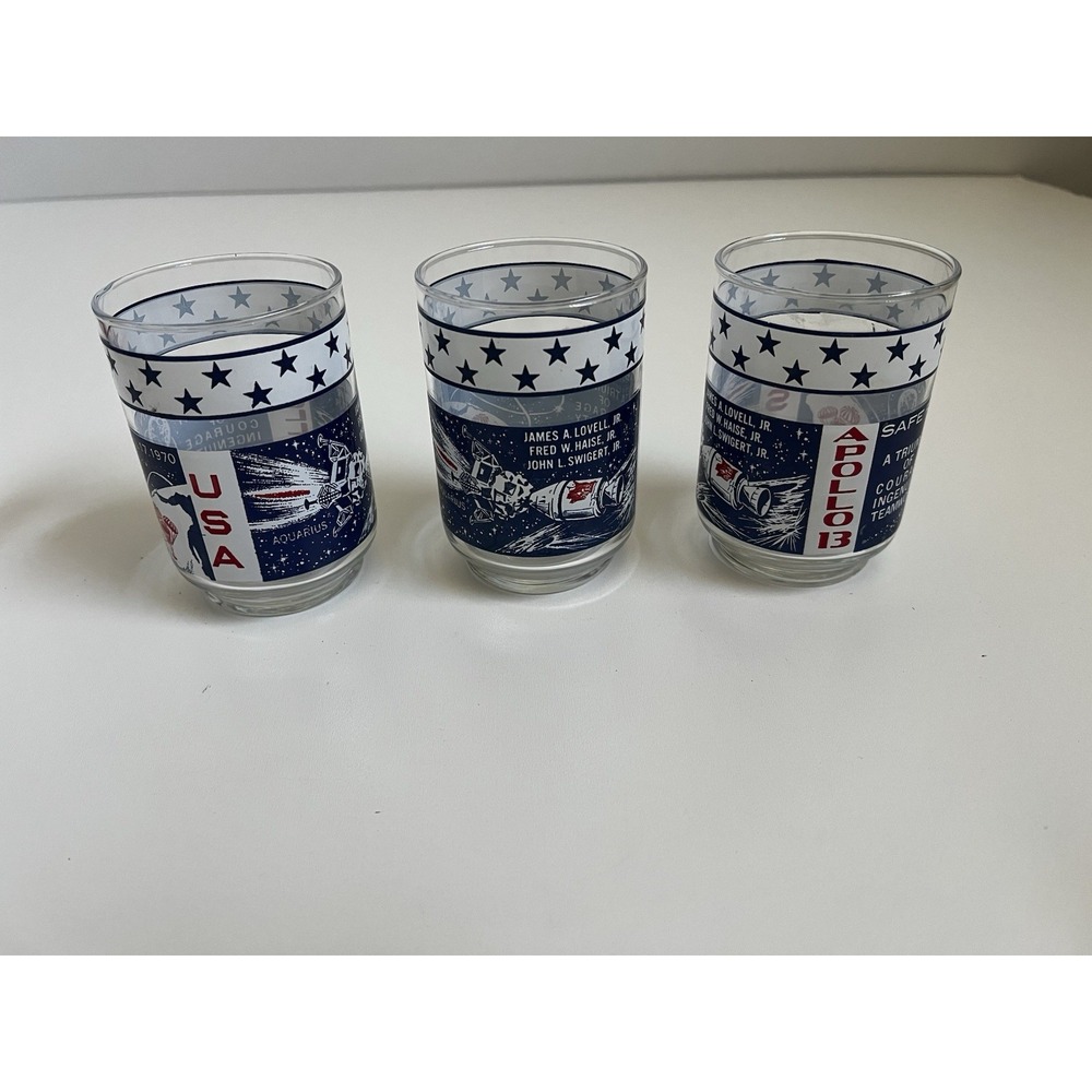 Vtg NASA Apollo 13 Safe Return 3 Libby Glasses Lovell Jr, Haise Jr, Swigert Jr